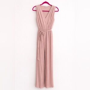Blush Pink Pleated Wide Leg Jumpsuit Tie Waist Sleeveless